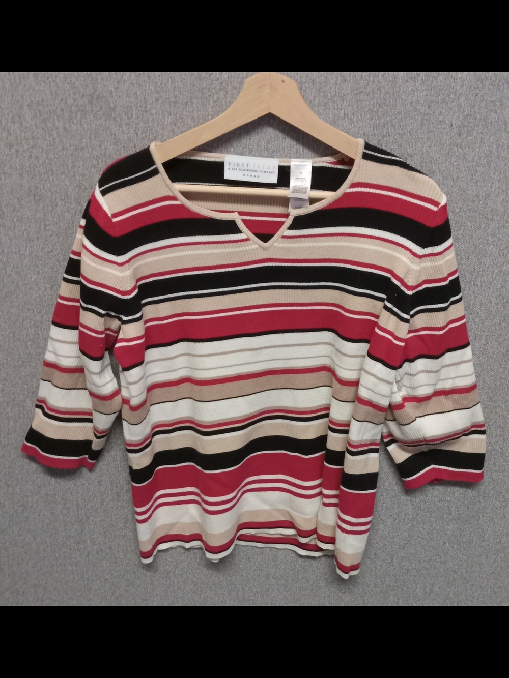 Liz Claiborne Striped Ribbed Knit Top in Red, Black, Cream